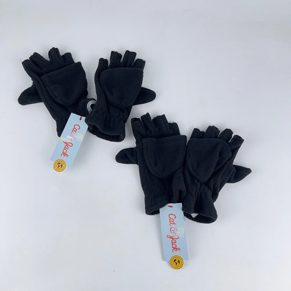 Pair of 2 Cat & Jack Flip‎ Mitten Glove Kids Size 4-7 Black Fleece Fingerless